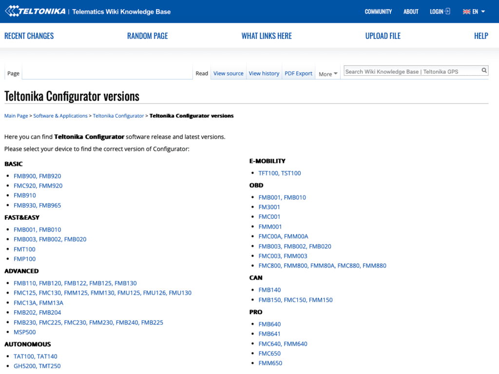 Teltonika Configurator versions