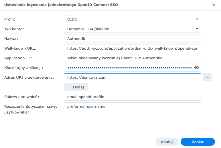 Synology, OpenID Control Panel