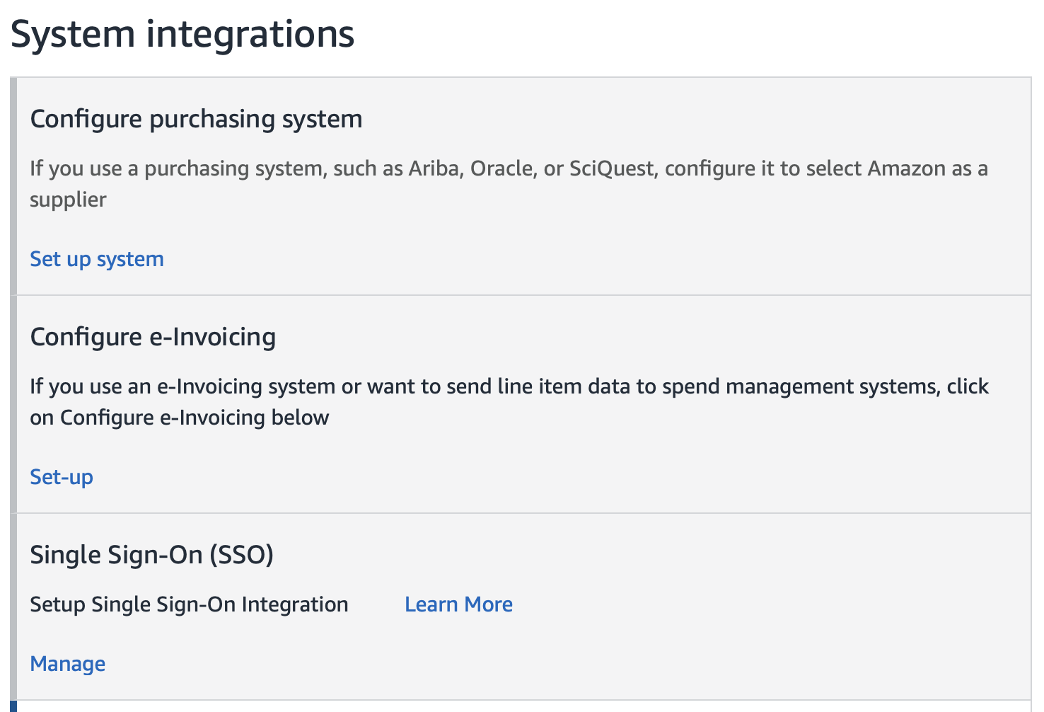 Amazon Business, System integrations menu