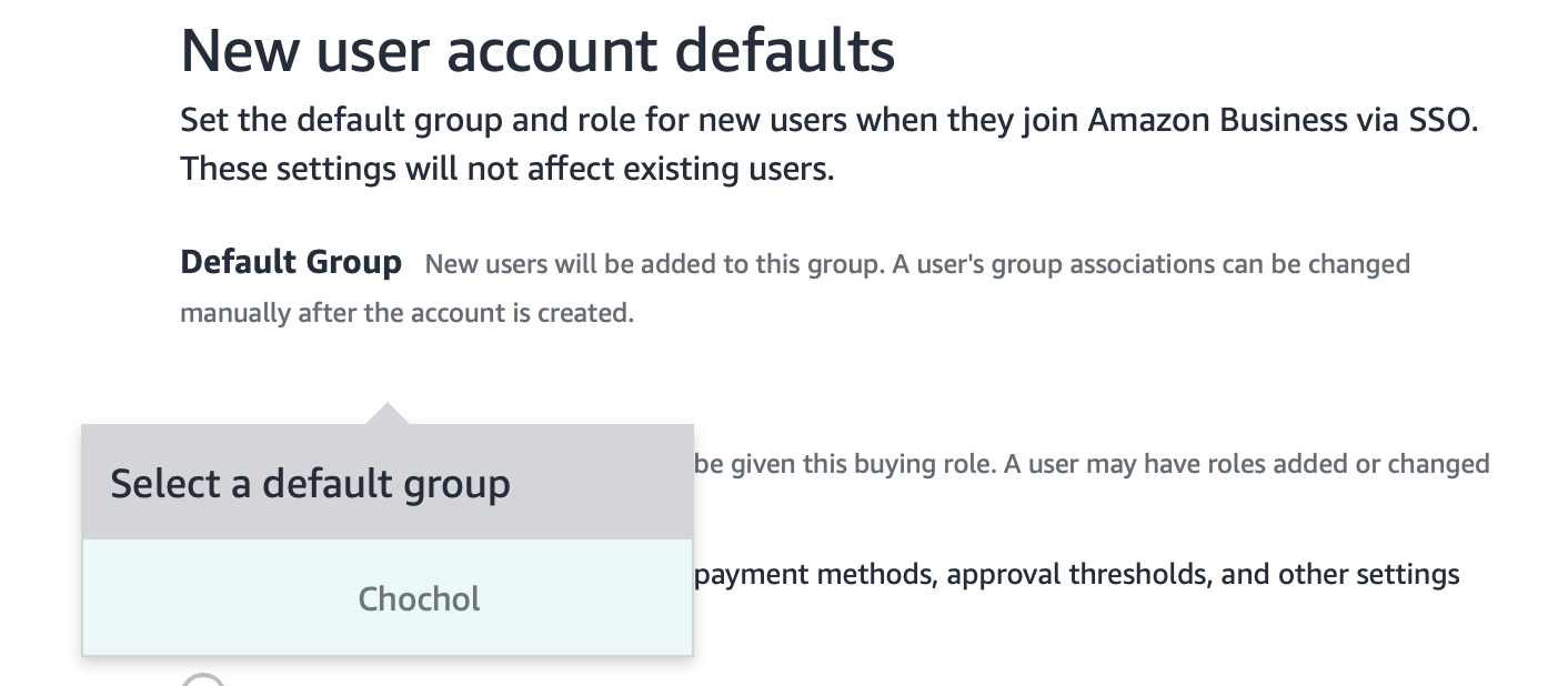 Amazon Business, SSO Identity Provider New user account defaults