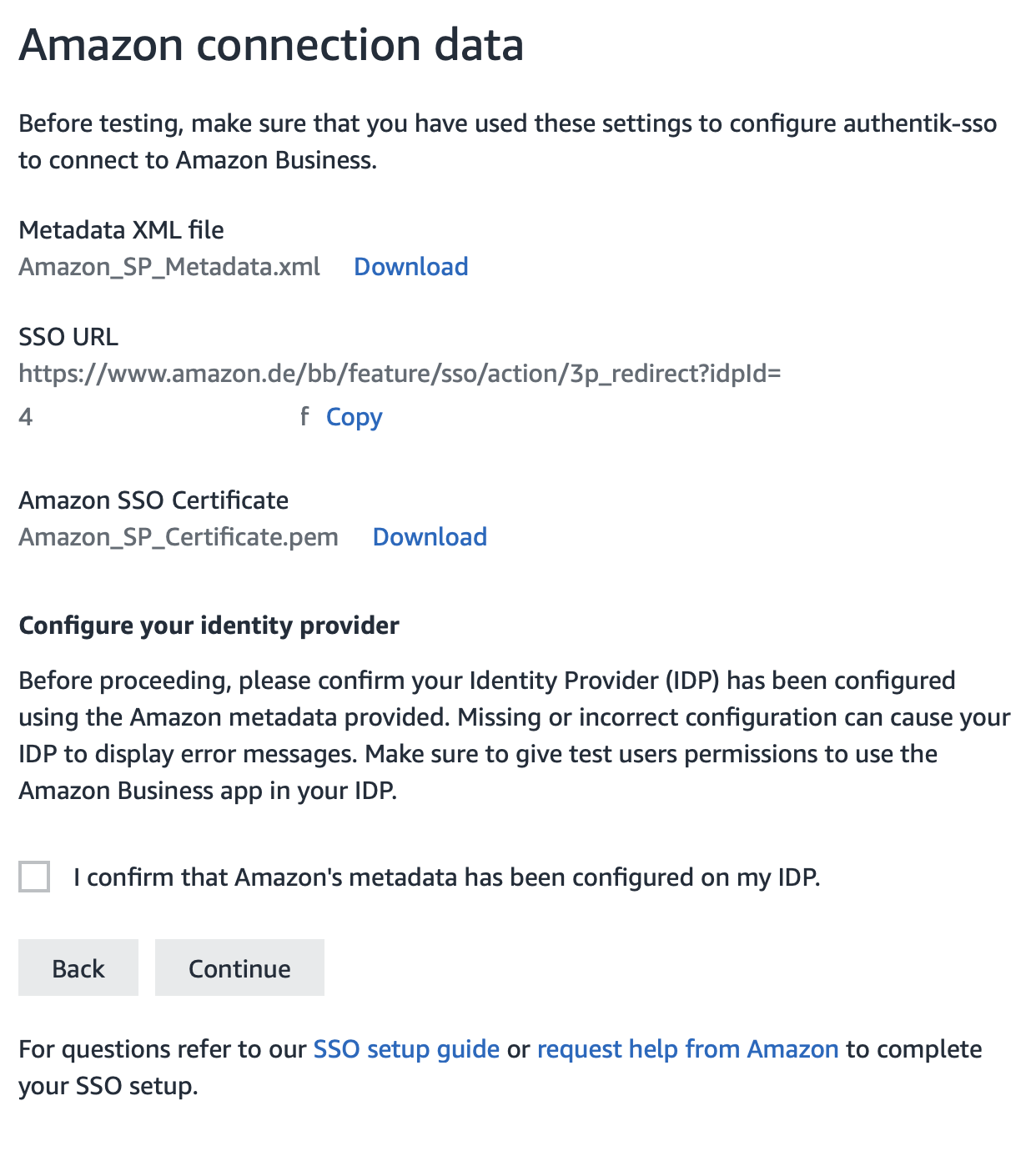 Amazon Business, SSO Identity Provider Amazon connection data