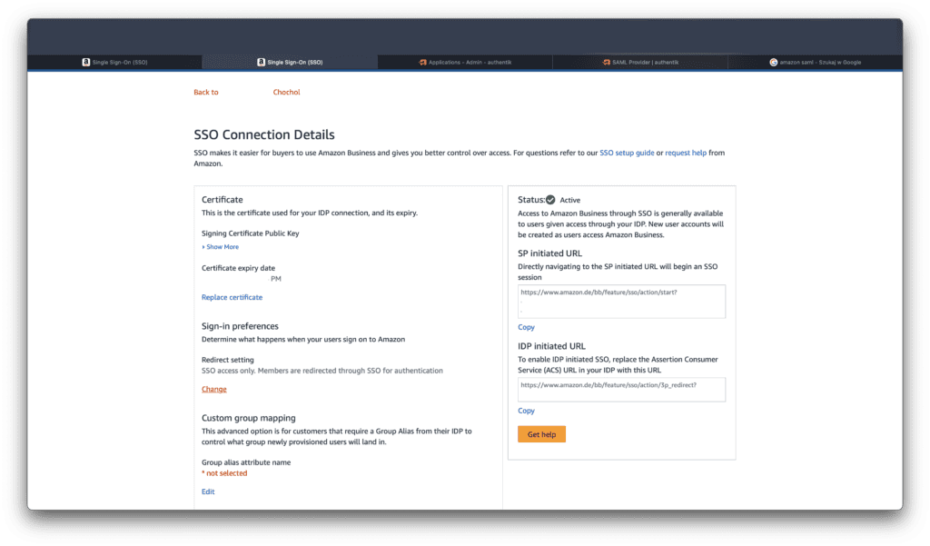 Amazon Business, SSO Connection Details