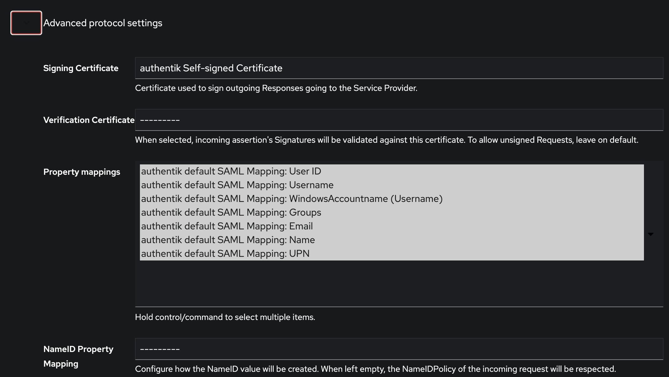 Authentik, Update SAML Provider Advanced protocol settings